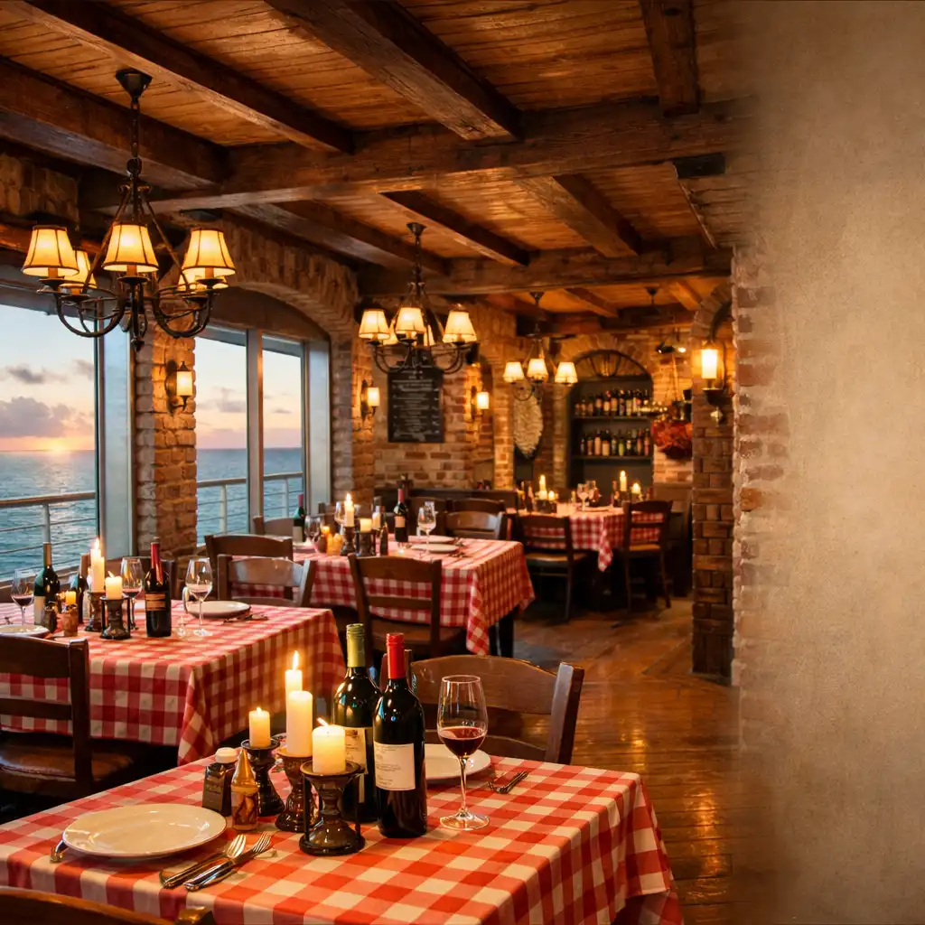 Wnętrze włoskiej restauracji La Cucina z rustykalnym wystrojem