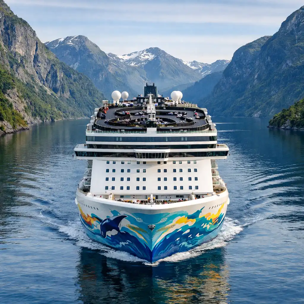 Norwegian Prima – statek z torem gokartowym na górnym pokładzie w fiordzie