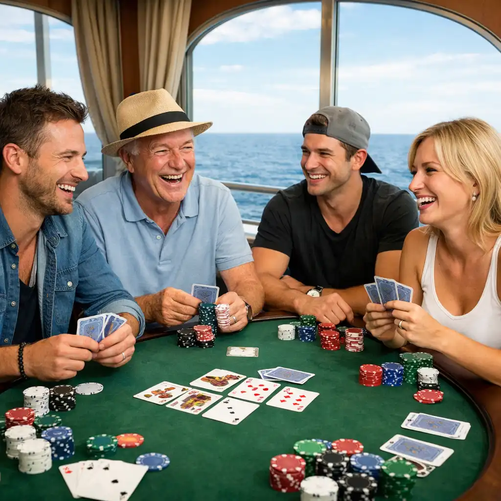 Uśmiechnięci gracze przy stole pokerowym na statku z widokiem na morze