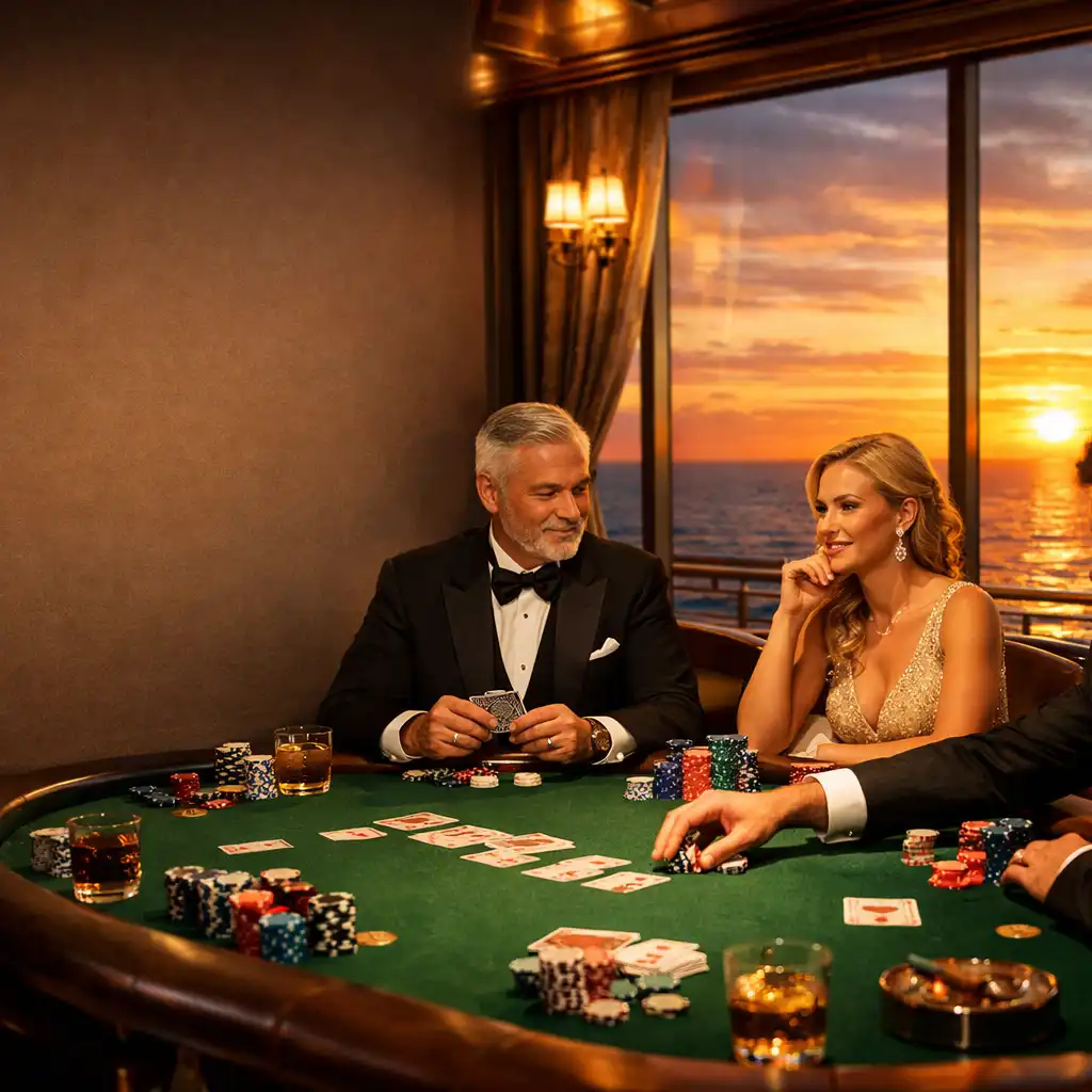 Stół pokerowy na statku wycieczkowym z widokiem na ocean o zachodzie słońca