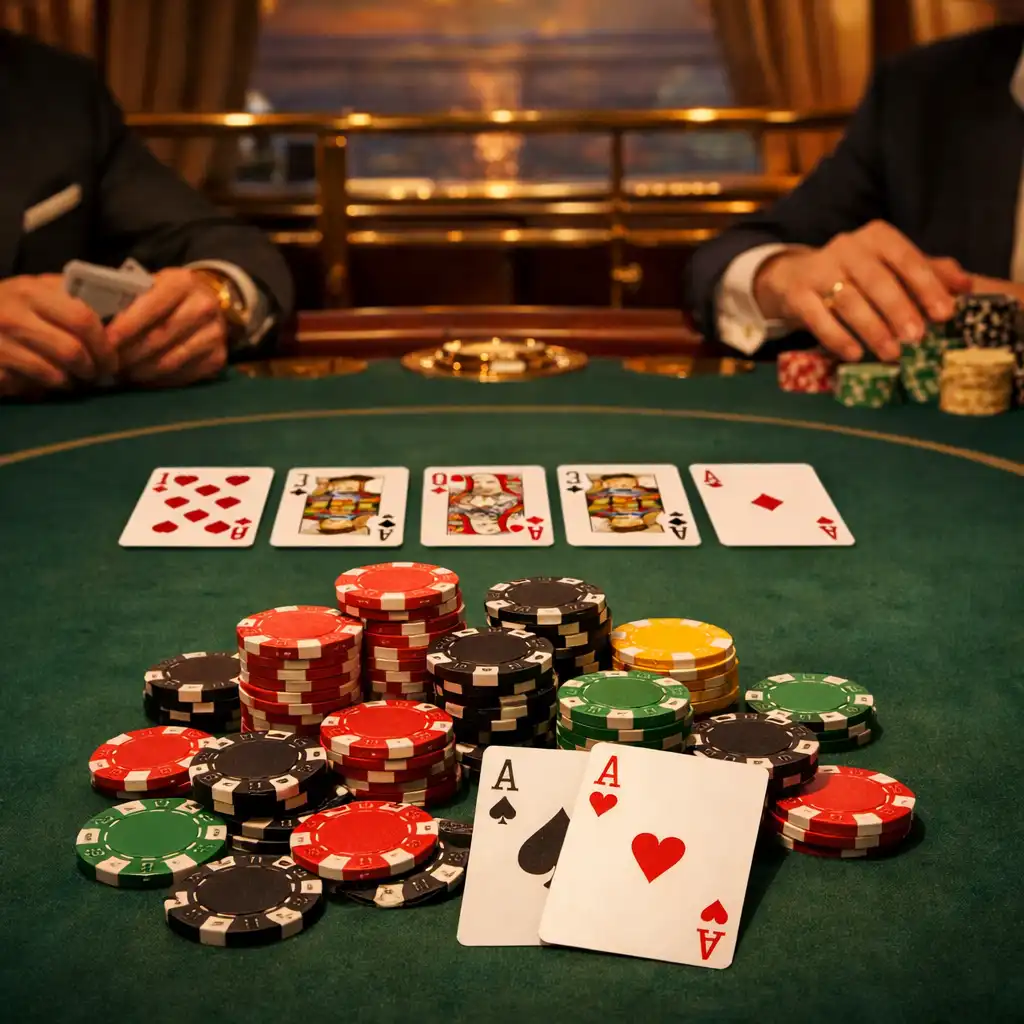 Zbliżenie na stół pokerowy z kartami i żetonami w eleganckim kasynie na statku