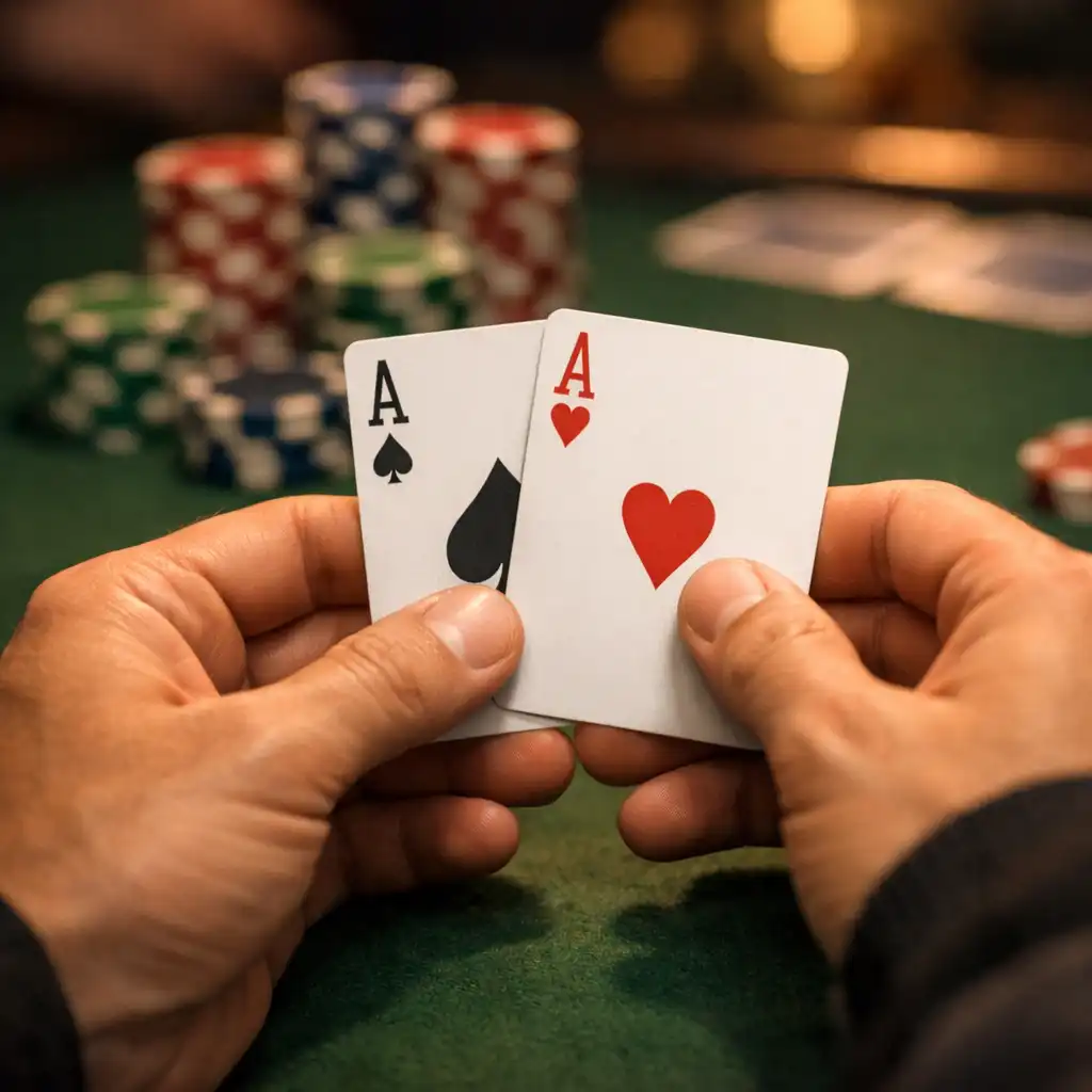 Zbliżenie na ręce gracza trzymającego karty przy stole pokerowym