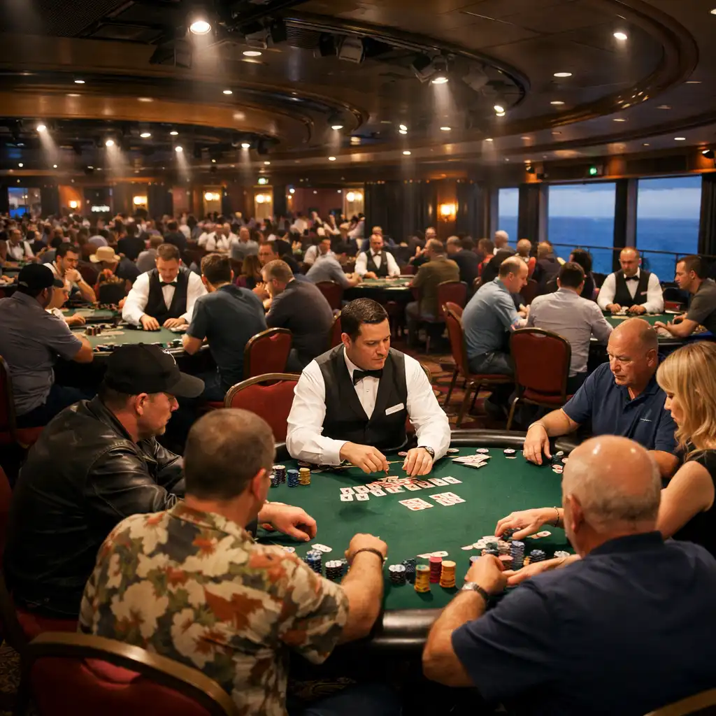 Sala turniejowa na statku z kilkoma stołami pokerowymi i graczami