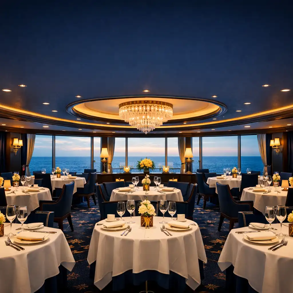 Elegancka restauracja na statku z panoramicznym widokiem na ocean