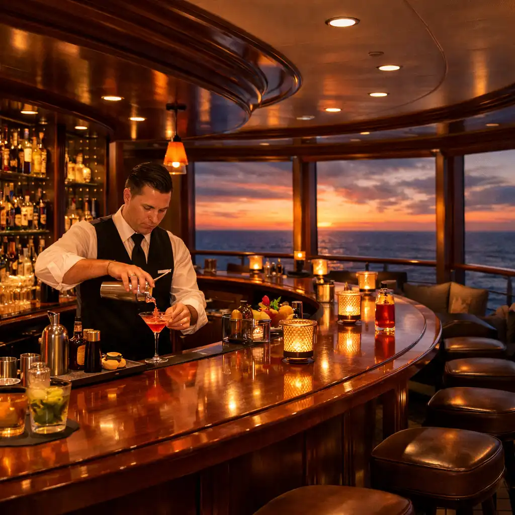 Elegancki bar na statku wycieczkowym z barmanem przygotowującym drinki i widokiem na ocean