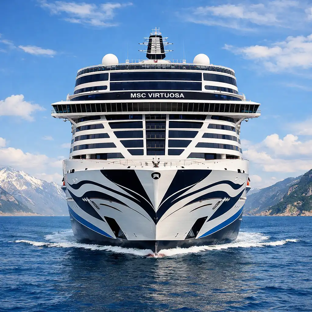 Statek wycieczkowy MSC Virtuosa na morzu, widziany z przodu