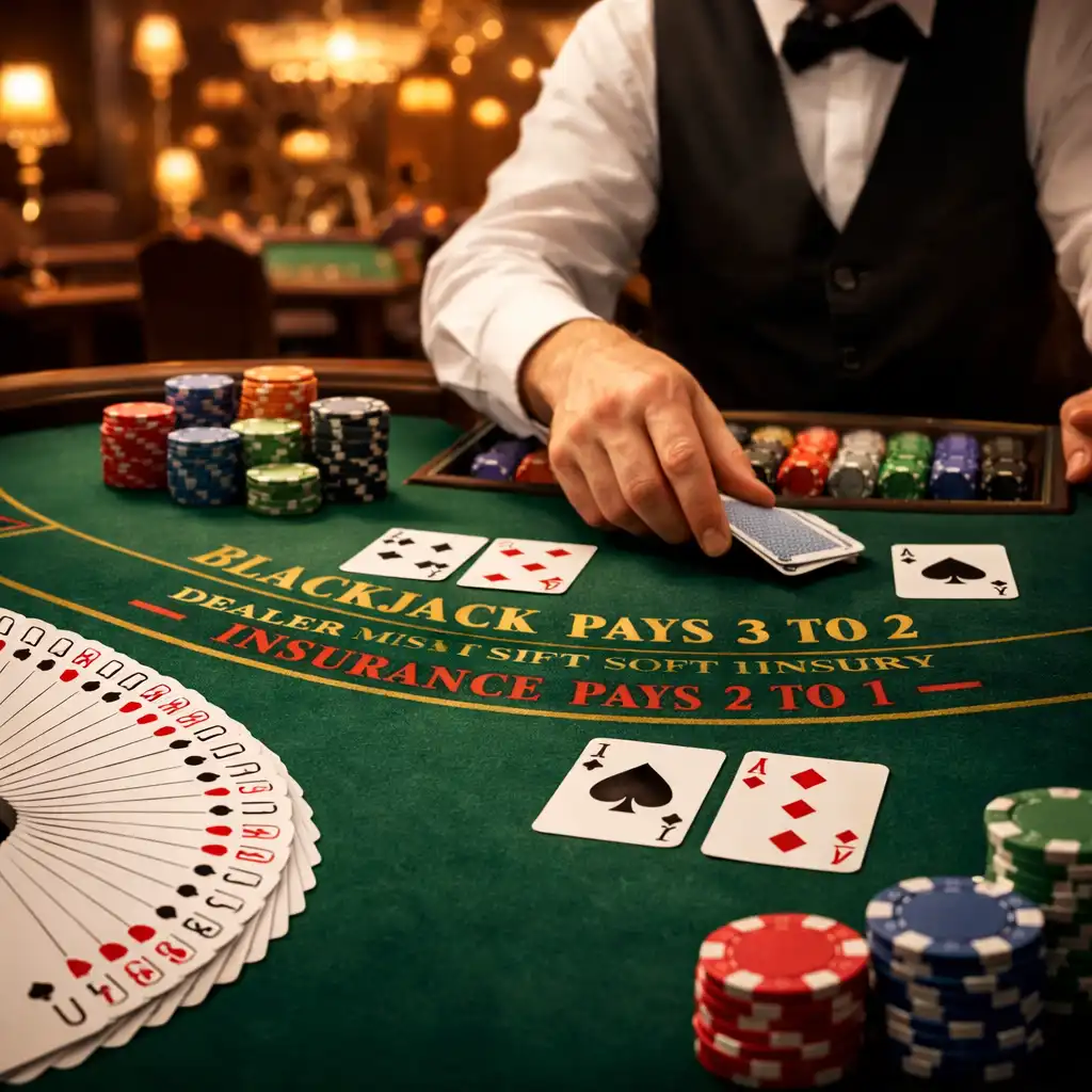 Stół do blackjacka z kartami ułożonymi w wachlarz i żetonami