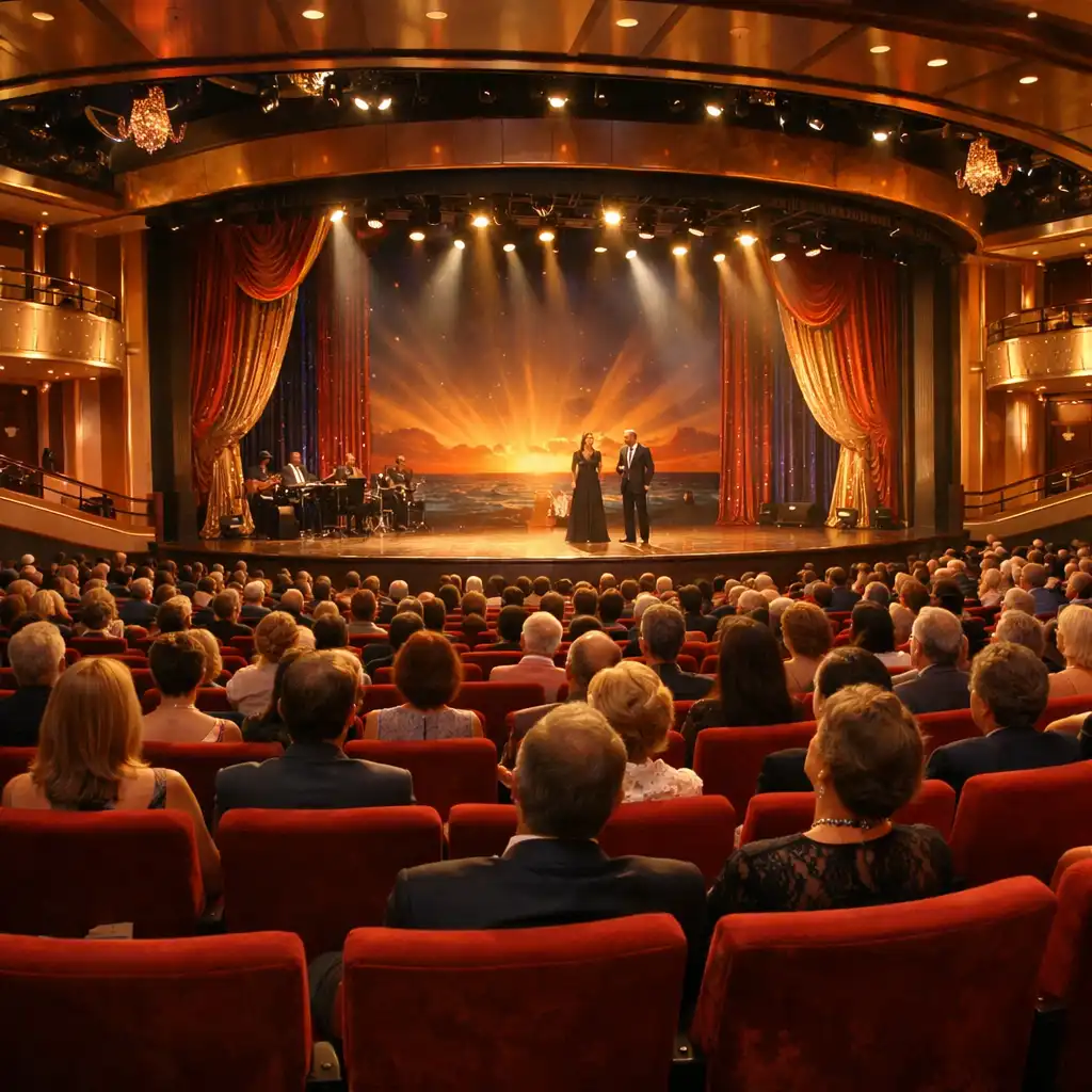 Wnętrze teatru na statku wycieczkowym z rzędami czerwonych foteli i oświetloną sceną